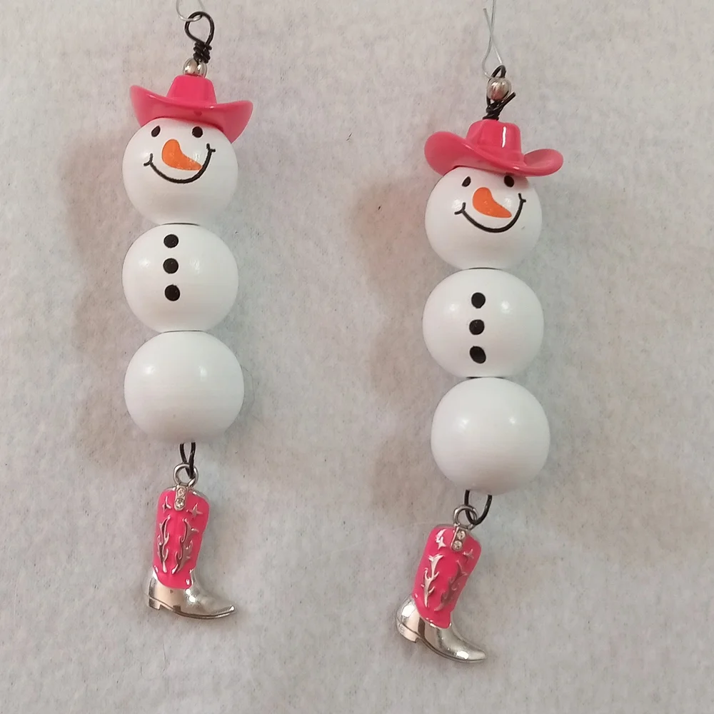 Pink Snowgirl Ornaments Beaded Lot of 2 Handmade NEW
